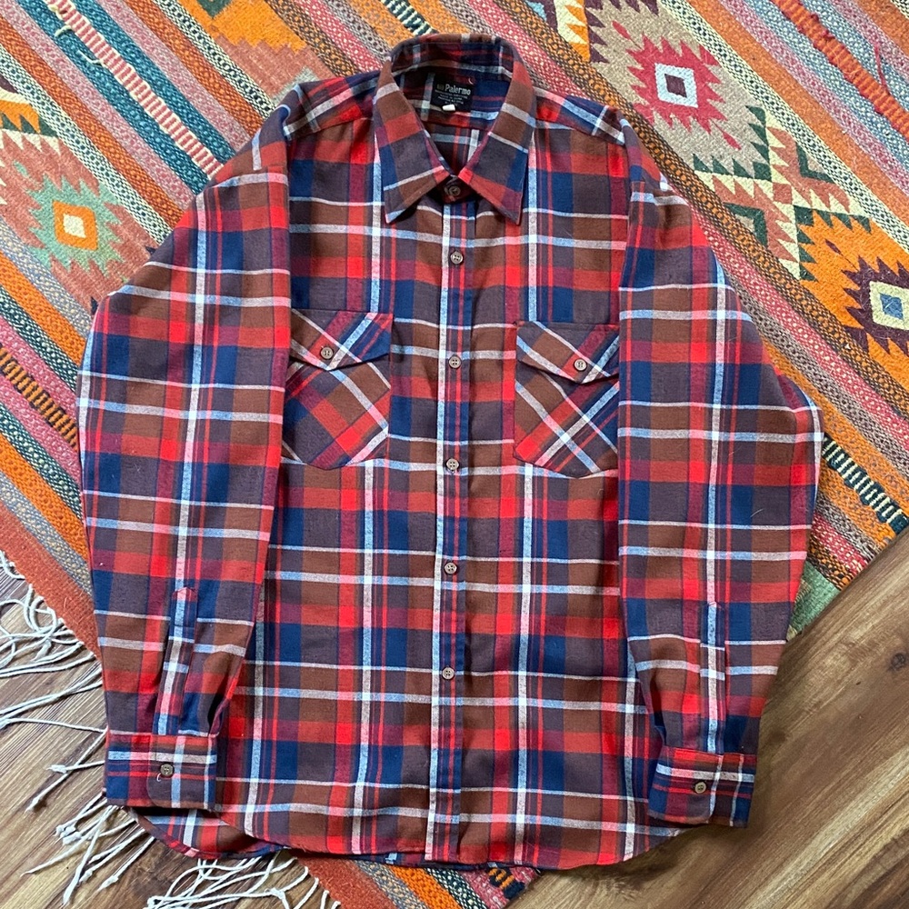 70s Plaid Flannel Shirt - Red and Brown